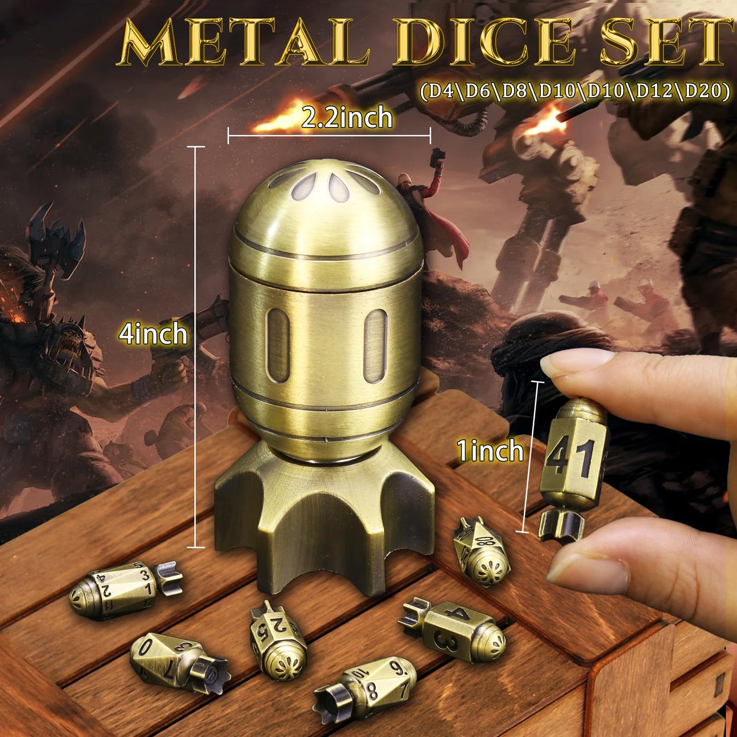 ZHOORQI DND Metal Dice Set with Spinning Missile Dice Container, Bullet Dice Cyberpunk Polyhedral Dice for Warhammer 40K, RPG, D&D Gifts（Retro Bronze）
