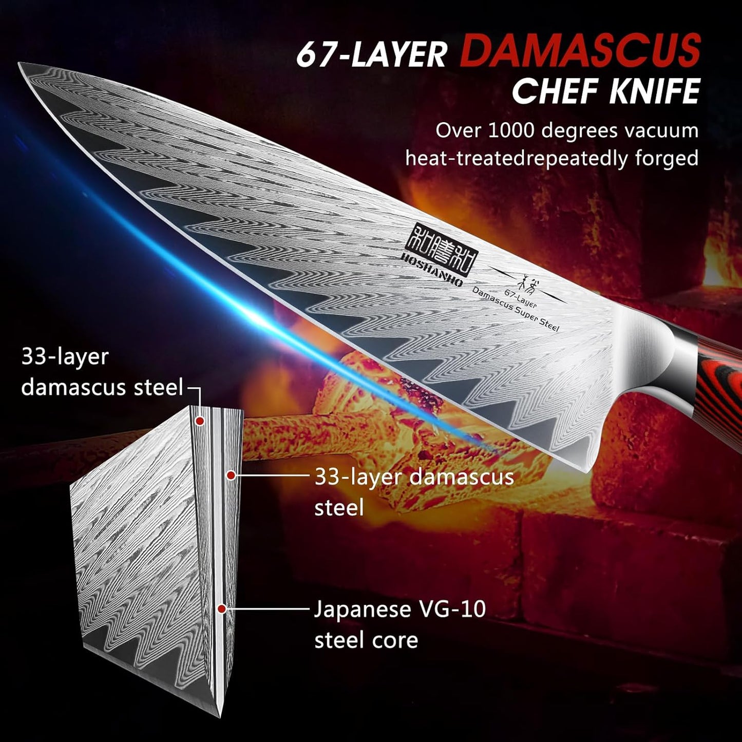 Damascu 8-inch Chef Knife + Damascus 7-inch Santoku Knife + Damasucs 7-inch Fillet Knife