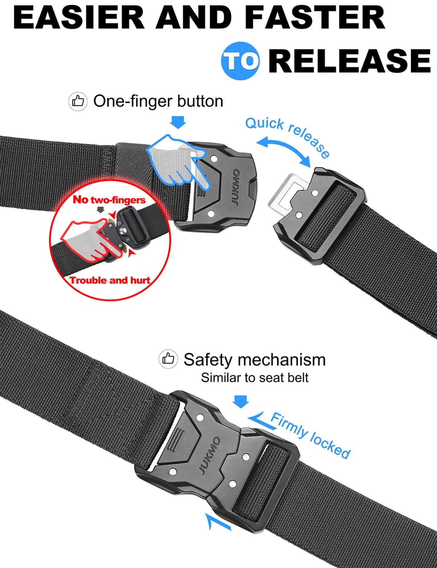 JUKMO Quick Release Tactical Belt, Military Work 1.5" Nylon Web Hiking Belt with Heavy Duty Seatbelt Buckle
