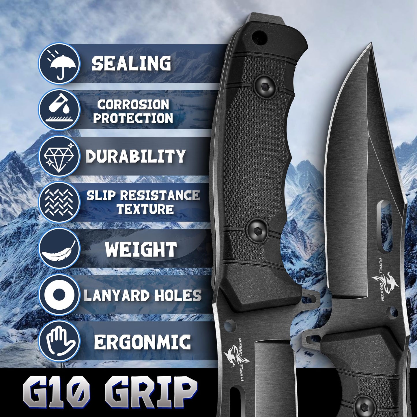 Purple Dragon Khaki Survival Knife with Kydex Sheath, Full Tang Fixed Blade Hunting Knife Made from a Single Piece of D2 Steel, Field Knife for Bushcraft Camping and Hunting, Gifts for Men