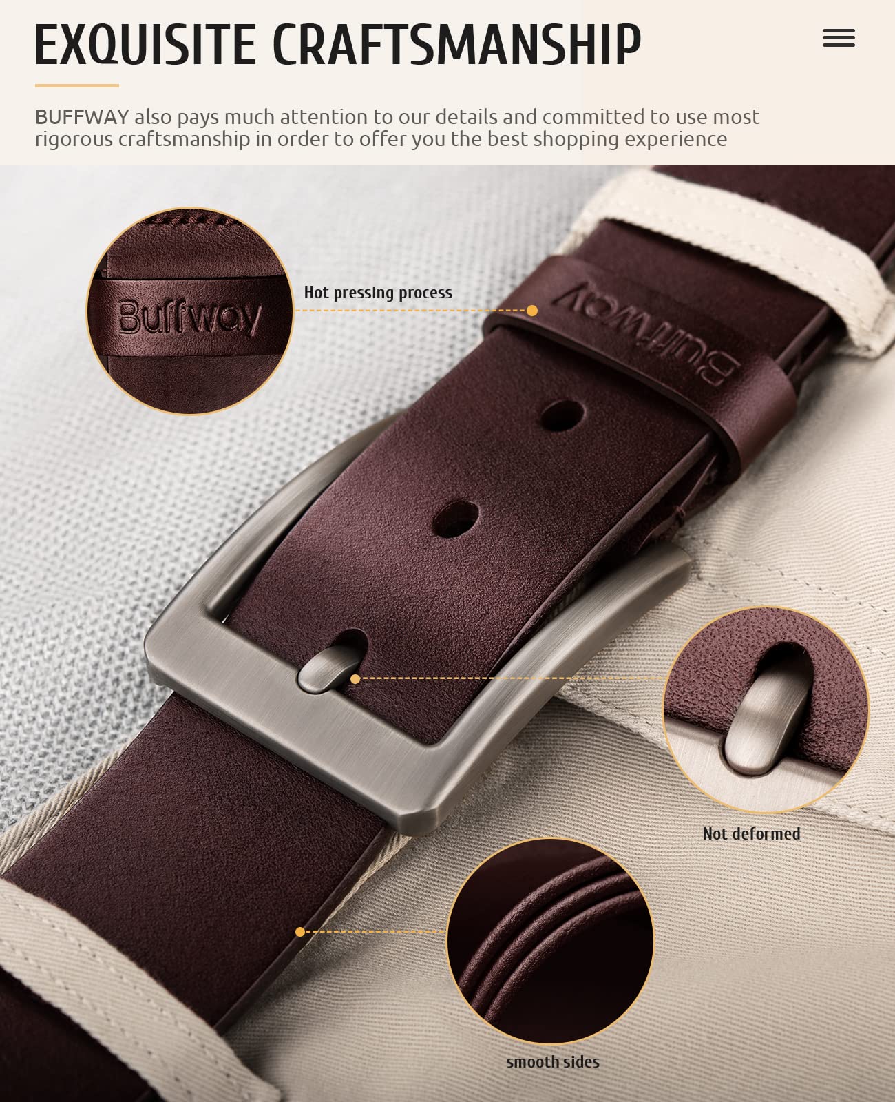 Buffway Minimalist 1.5" Full Grain Leather Belts for Men with Metal Buckle, Heavy Duty Mens Casual Belts in Gift Box