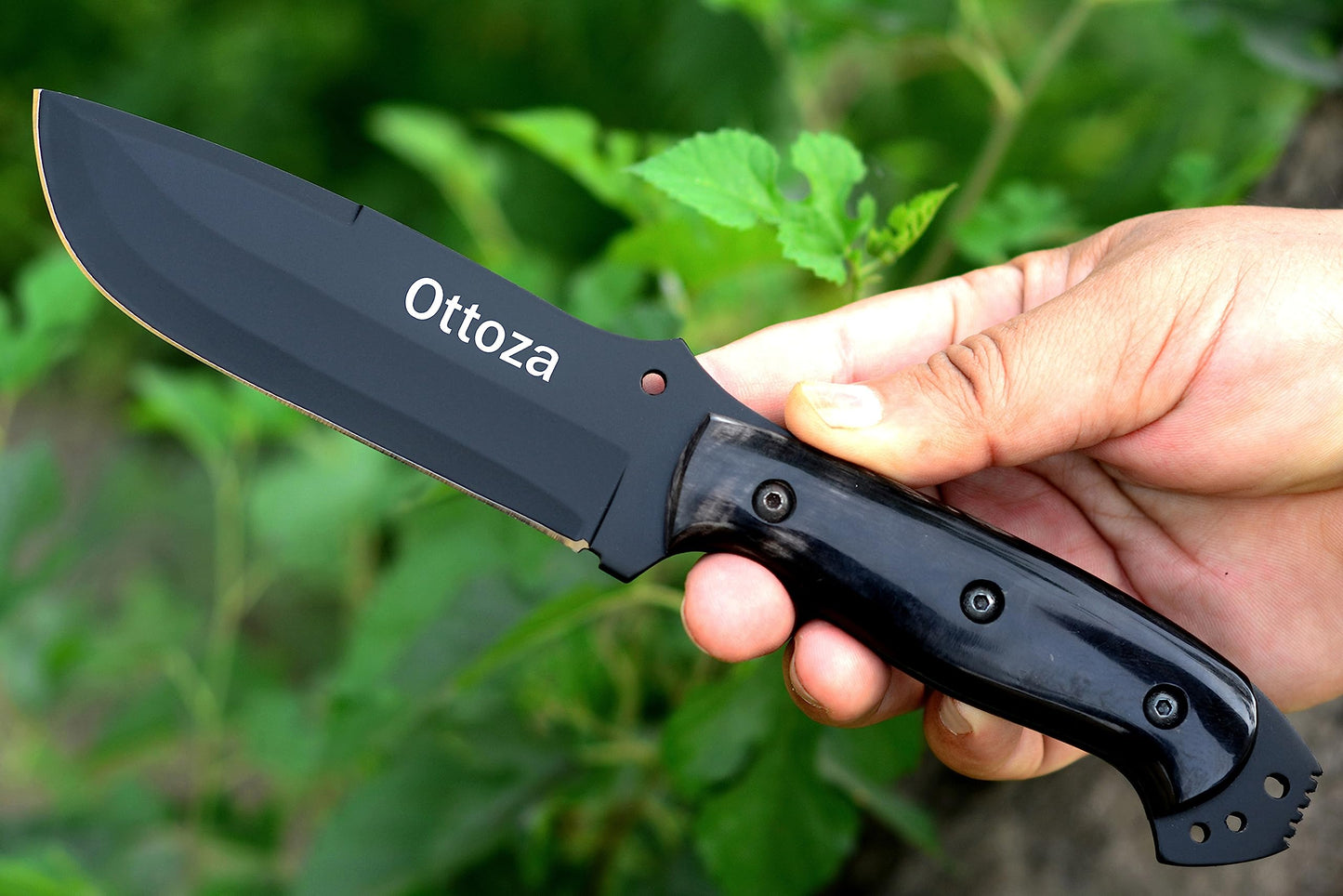 Ottoza Hunting Knife with Sheath - Cow Horn Handle, 1095 High Carbon Steel Knife, Outdoor Knife Survival Knife Camping Knife Bushcraft Knife Tactical Knife, Horizontal Carry Knife Fixed Blade 338