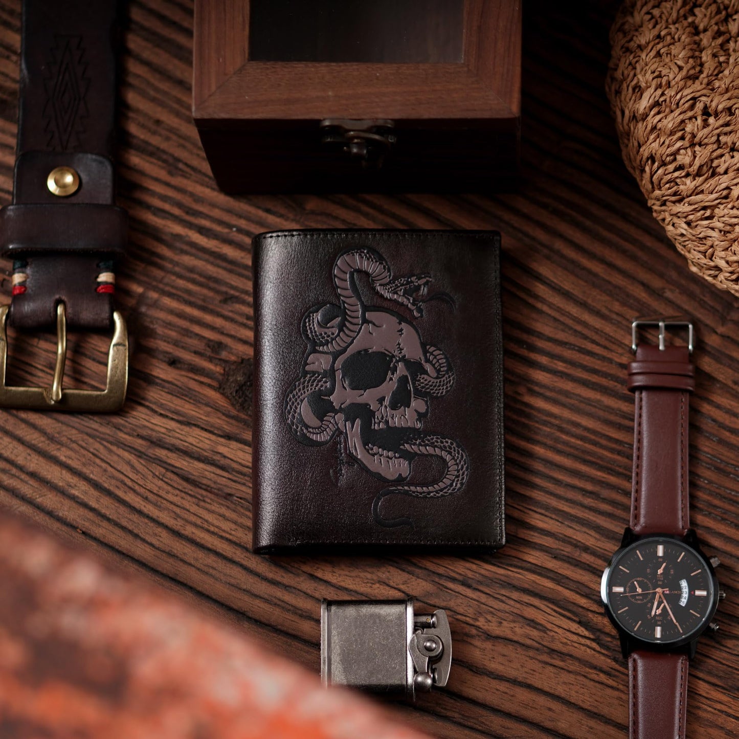 Skull Wallets For Men,Cool Mens Wallet Leather,Vertical Bifold RFID Blocking Wallets,Gifts for Him Husband and Boyfriend Gift (Coffee)