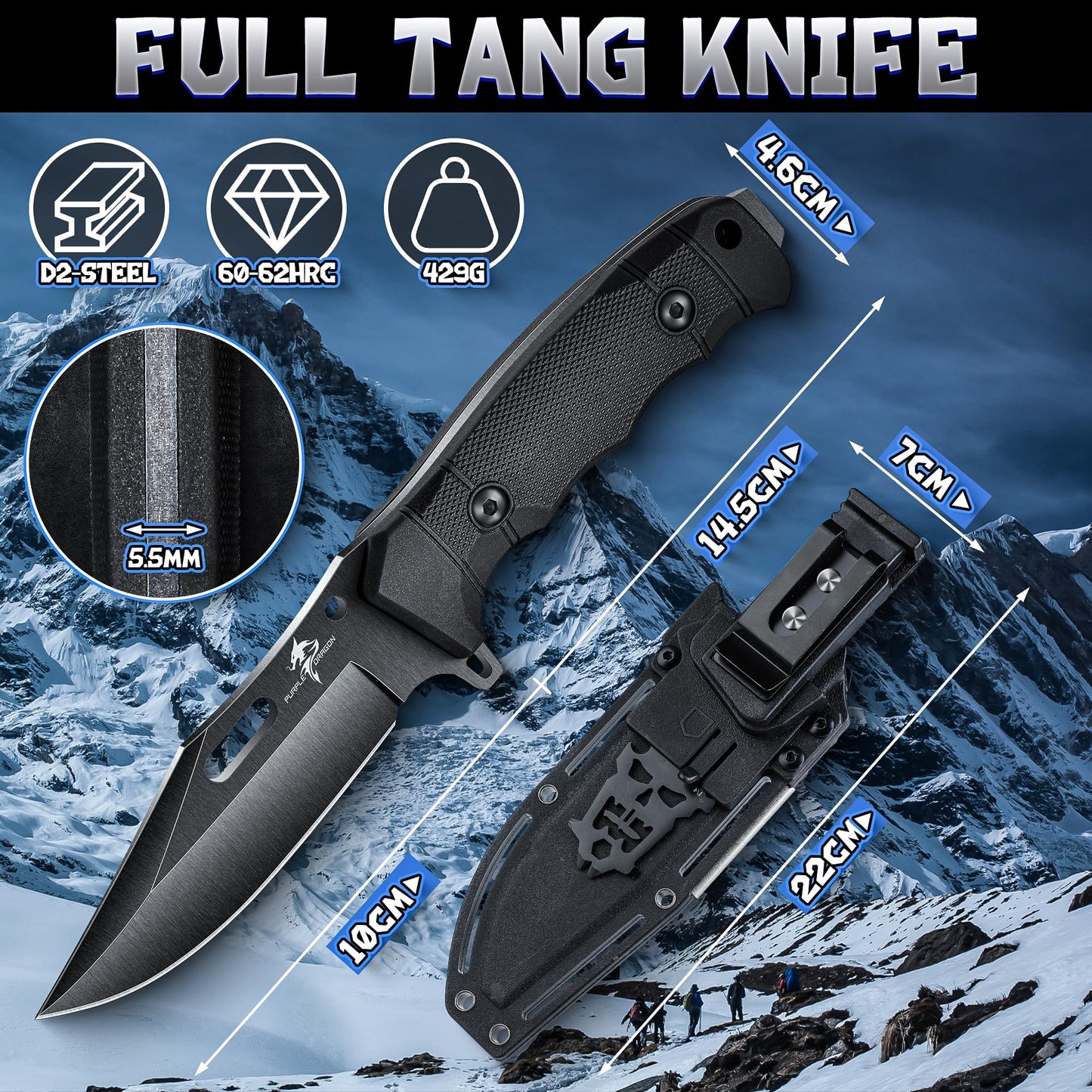 Purple Dragon Khaki Survival Knife with Kydex Sheath, Full Tang Fixed Blade Hunting Knife Made from a Single Piece of D2 Steel, Field Knife for Bushcraft Camping and Hunting, Gifts for Men