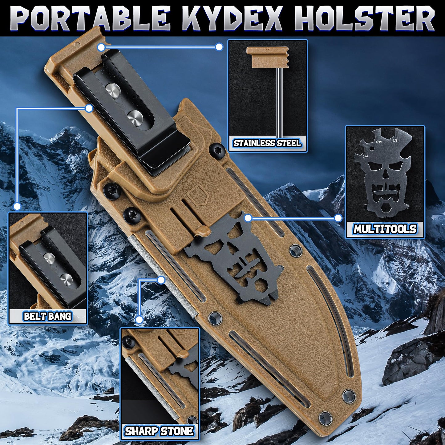 Purple Dragon Khaki Survival Knife with Kydex Sheath, Full Tang Fixed Blade Hunting Knife Made from a Single Piece of D2 Steel, Field Knife for Bushcraft Camping and Hunting, Gifts for Men