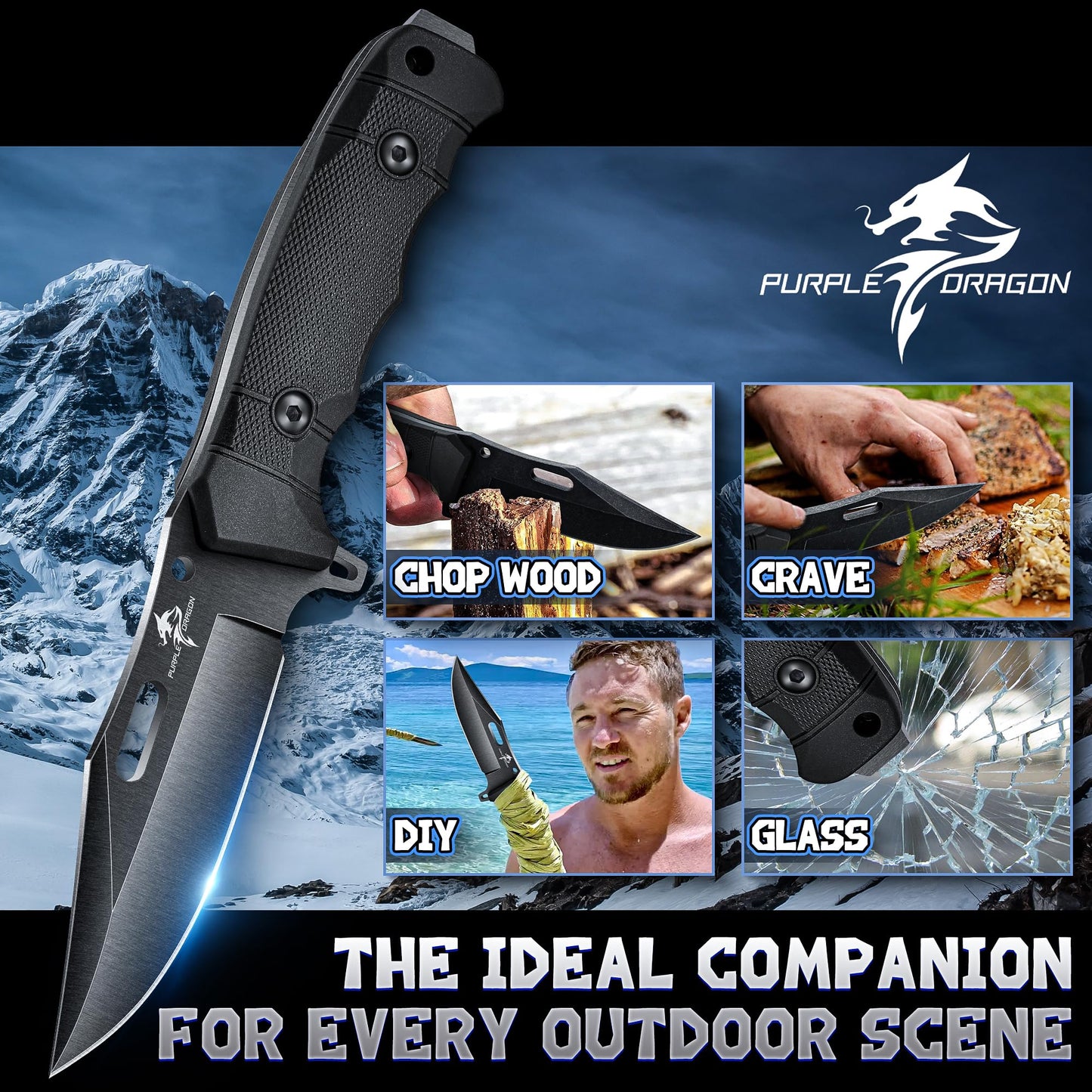 Purple Dragon Khaki Survival Knife with Kydex Sheath, Full Tang Fixed Blade Hunting Knife Made from a Single Piece of D2 Steel, Field Knife for Bushcraft Camping and Hunting, Gifts for Men