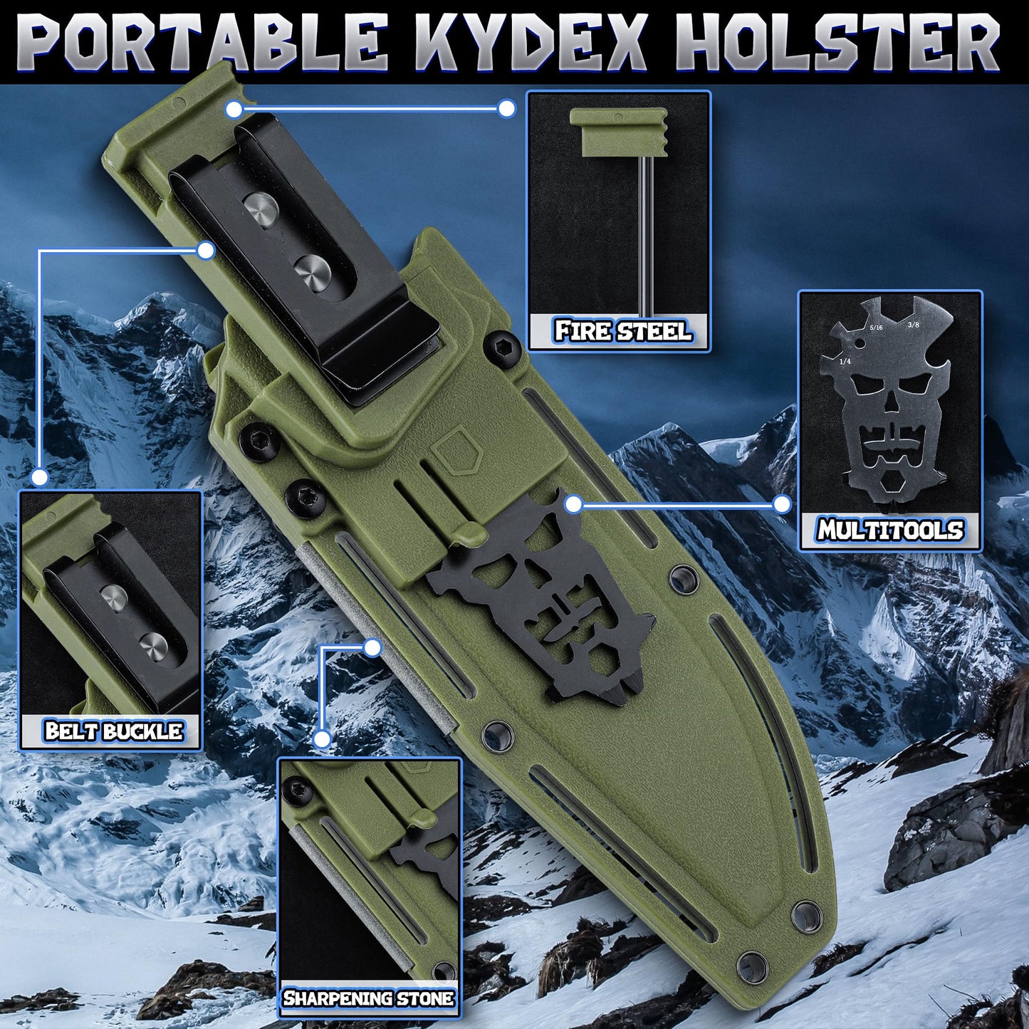 Purple Dragon Khaki Survival Knife with Kydex Sheath, Full Tang Fixed Blade Hunting Knife Made from a Single Piece of D2 Steel, Field Knife for Bushcraft Camping and Hunting, Gifts for Men