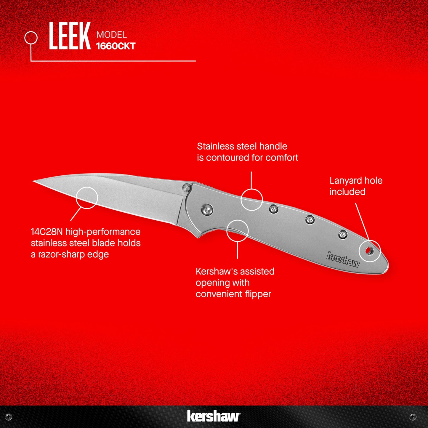 Kershaw Leek Pocket Knife, 3" 14C28N Stainless Steel Drop Point Blade, Spring Assisted Knife, Folding EDC