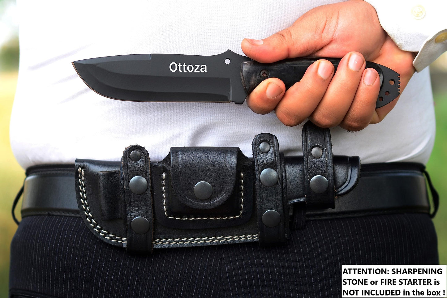 Ottoza Hunting Knife with Sheath - Cow Horn Handle, 1095 High Carbon Steel Knife, Outdoor Knife Survival Knife Camping Knife Bushcraft Knife Tactical Knife, Horizontal Carry Knife Fixed Blade 338
