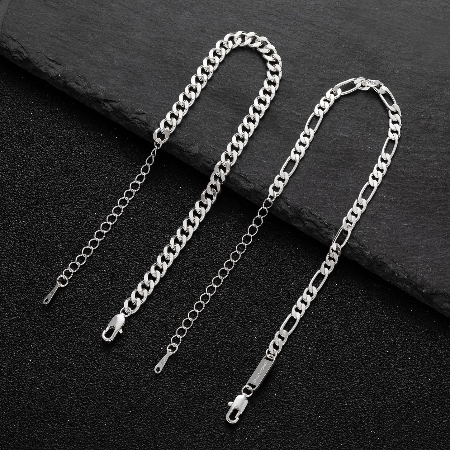 RANKEEF 2 Pcs Chain Bracelet for Men - 925 Sterling Silver Bracelet for Men 7-9inch Figaro Rope Cuban Link Bracelet Set for Men Gifts to Men Dad Husband Boyfriend