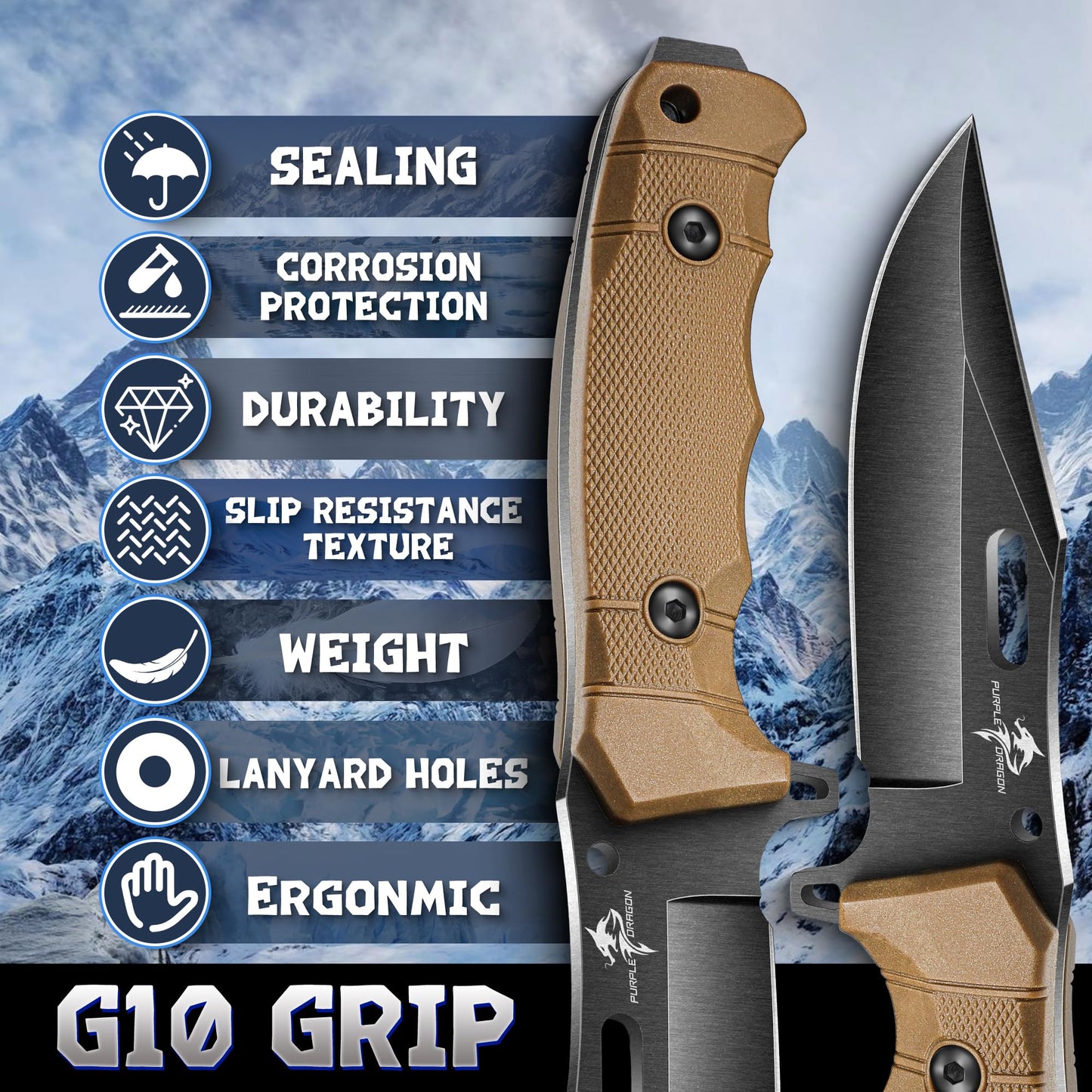 Purple Dragon Khaki Survival Knife with Kydex Sheath, Full Tang Fixed Blade Hunting Knife Made from a Single Piece of D2 Steel, Field Knife for Bushcraft Camping and Hunting, Gifts for Men