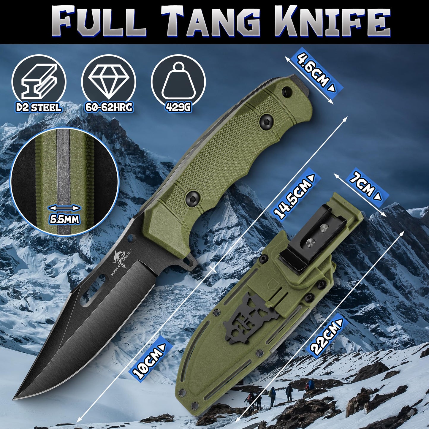 Purple Dragon Khaki Survival Knife with Kydex Sheath, Full Tang Fixed Blade Hunting Knife Made from a Single Piece of D2 Steel, Field Knife for Bushcraft Camping and Hunting, Gifts for Men