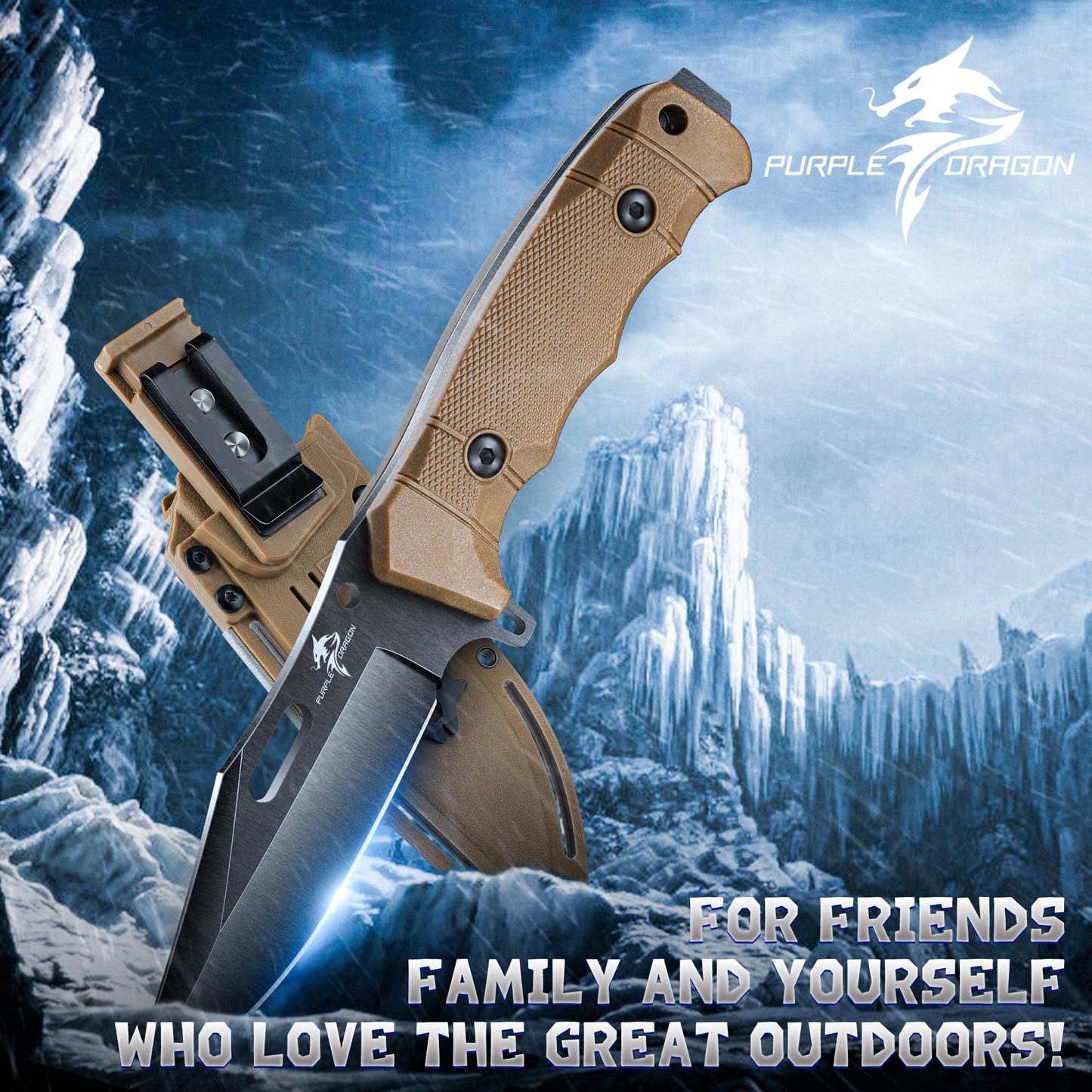 Purple Dragon Khaki Survival Knife with Kydex Sheath, Full Tang Fixed Blade Hunting Knife Made from a Single Piece of D2 Steel, Field Knife for Bushcraft Camping and Hunting, Gifts for Men