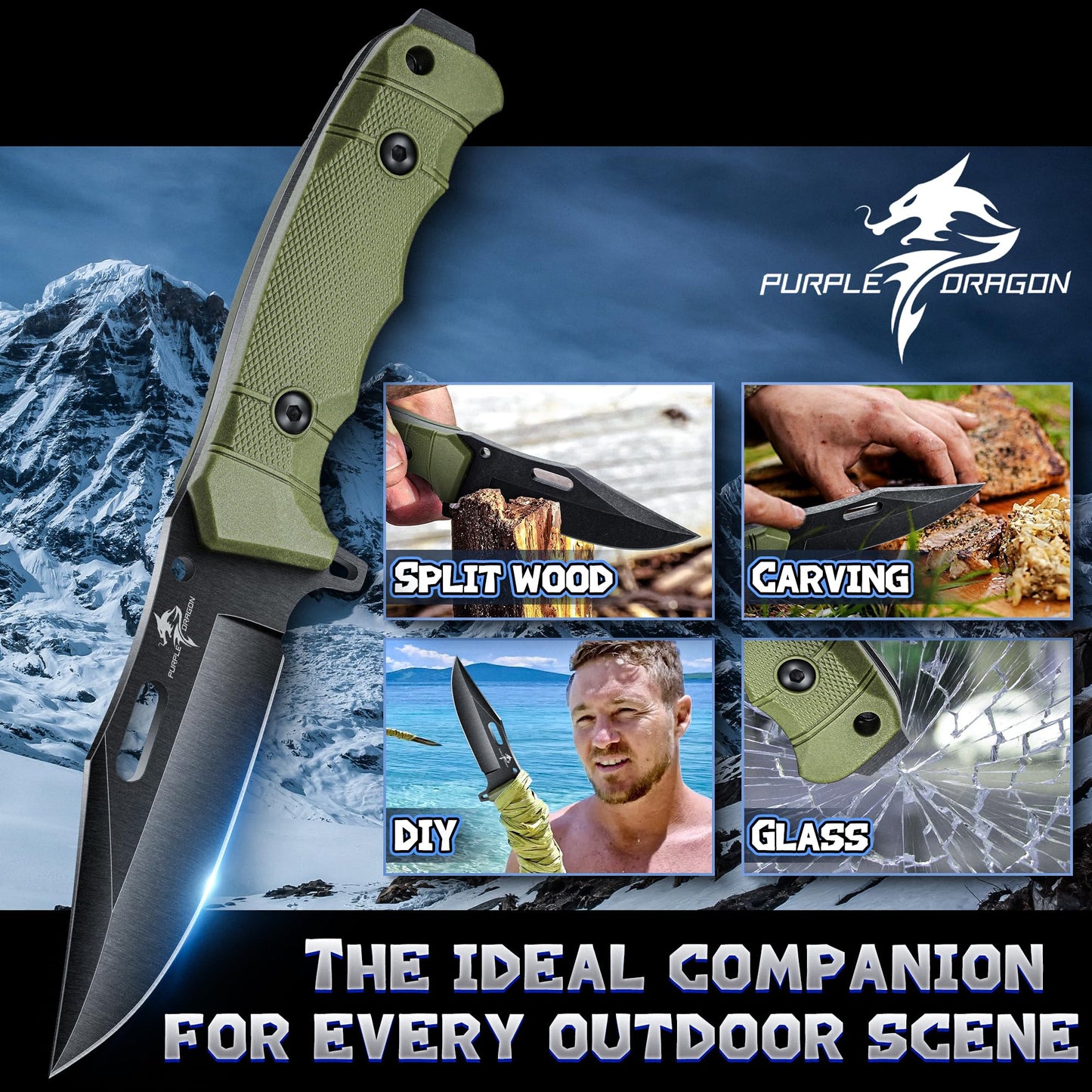 Purple Dragon Khaki Survival Knife with Kydex Sheath, Full Tang Fixed Blade Hunting Knife Made from a Single Piece of D2 Steel, Field Knife for Bushcraft Camping and Hunting, Gifts for Men