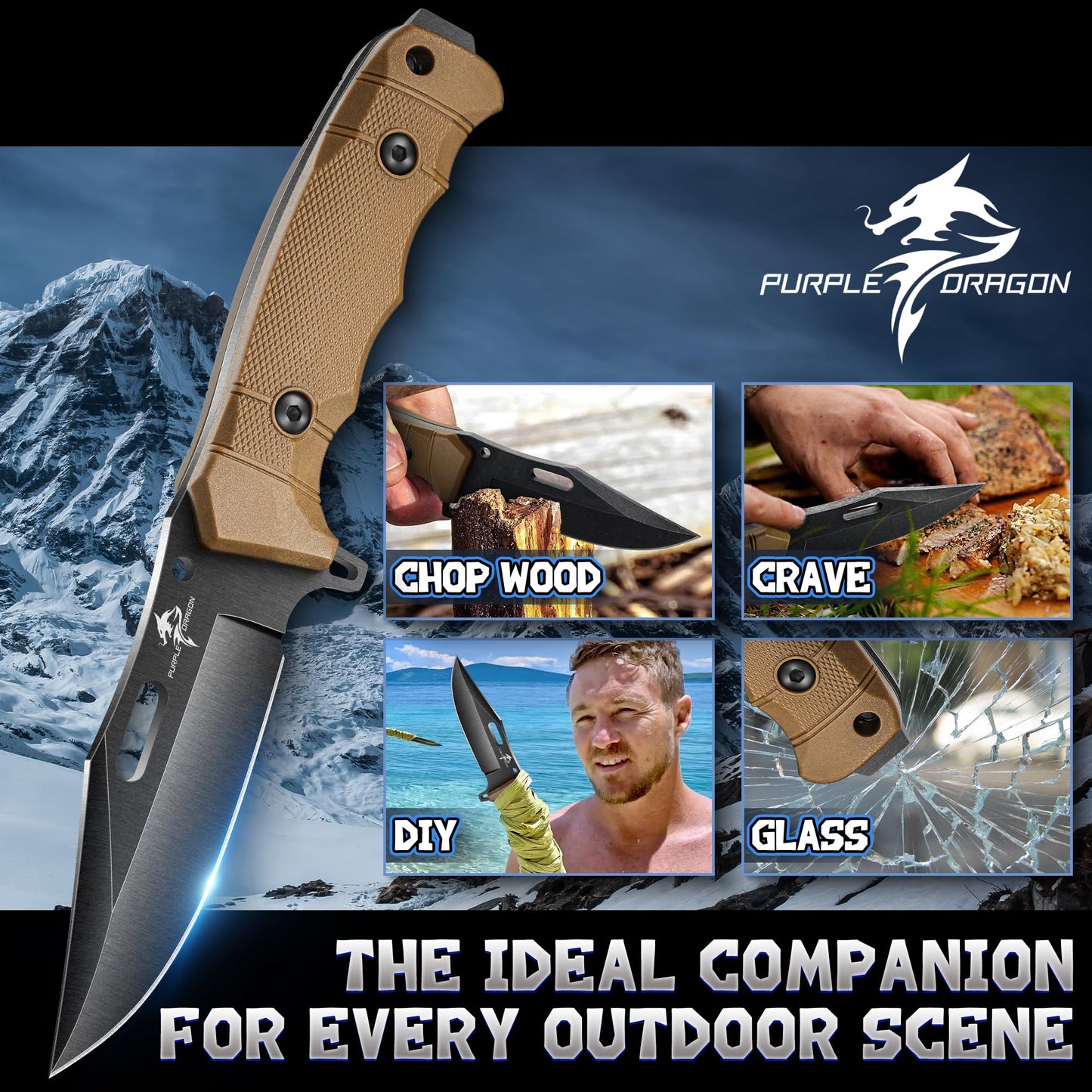 Purple Dragon Khaki Survival Knife with Kydex Sheath, Full Tang Fixed Blade Hunting Knife Made from a Single Piece of D2 Steel, Field Knife for Bushcraft Camping and Hunting, Gifts for Men