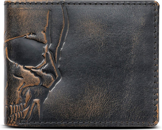 House of Jack Co. SKULL Bifold Wallet for Men | Extra Capacity Two ID Windows | Full Grain Leather With Hand Burnished Finish | Multi Card Capacity | Skull Men's Wallet