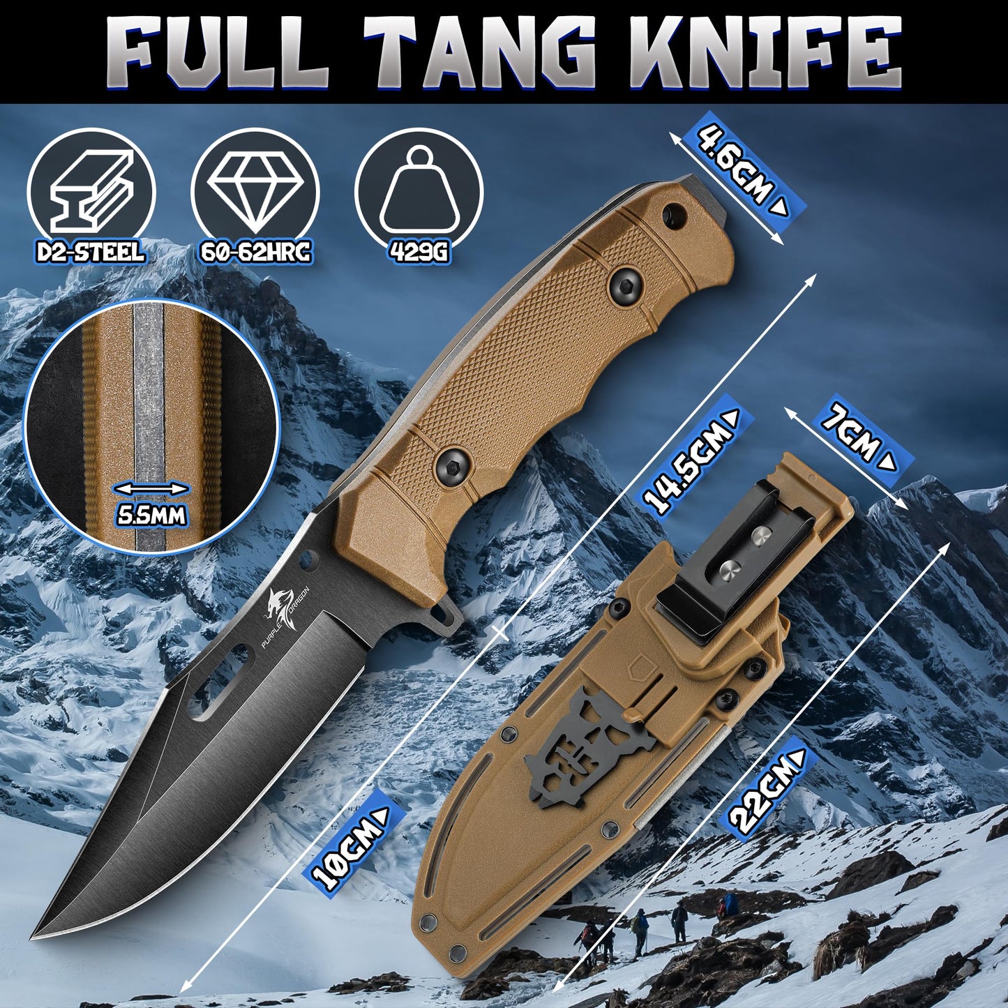 Purple Dragon Khaki Survival Knife with Kydex Sheath, Full Tang Fixed Blade Hunting Knife Made from a Single Piece of D2 Steel, Field Knife for Bushcraft Camping and Hunting, Gifts for Men